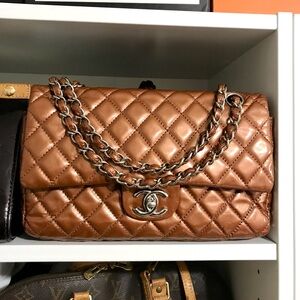 Chanel Classic Quilted Patent Leather Shoulder Bag in Bronze